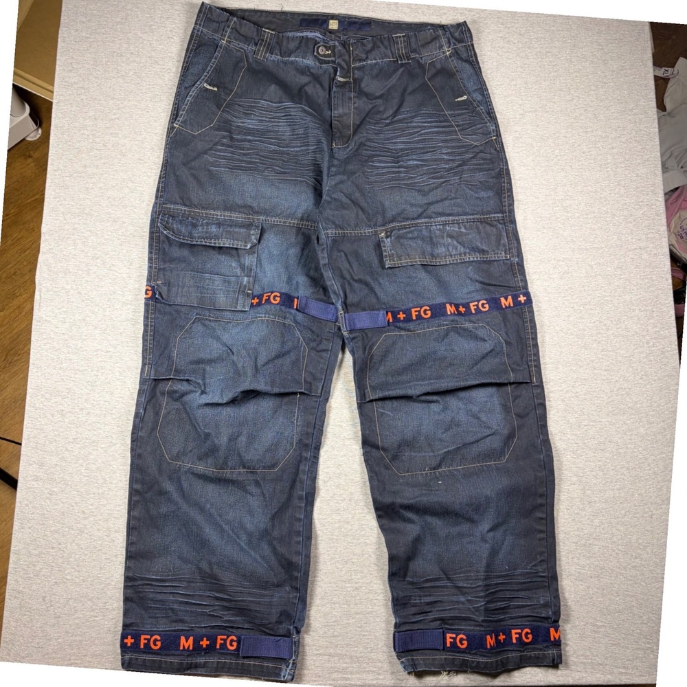 VTG Marithe Francois Girbaud Jeans Mens 44 Blue Cargo Baggy Skater Strap Y2K